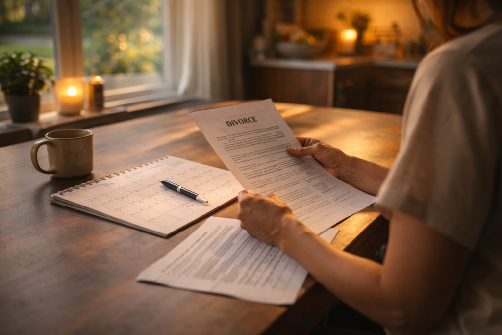 A person is sitting at a kitchen table, reviewing divorce documents alongside a calendar and a pen, illuminated by warm natural light. This scene reflects the serious nature of family law matters, as they prepare for their divorce proceedings.