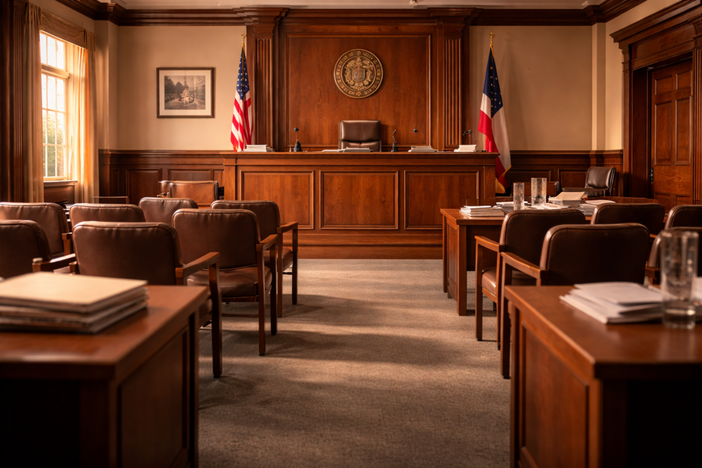 The image depicts a family law courtroom with empty chairs arranged neatly and an American flag displayed prominently, symbolizing the legal process involved in child protective services cases. This setting is where court hearings take place to ensure the child's safety and well-being, as well as to discuss issues related to custody and parental rights under the Texas family code.