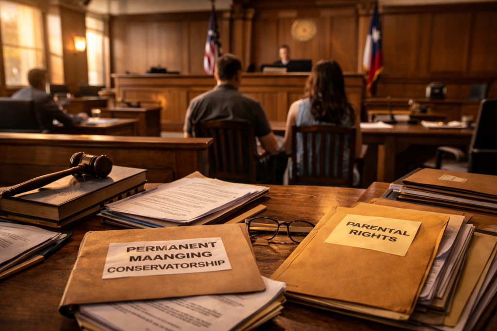 The image depicts a family law courtroom in Texas, featuring a wooden table cluttered with legal documents and files relevant to cases involving permanent managing conservatorship and parental rights. The setting reflects the serious nature of the legal process as families navigate issues related to child support and custody under Texas family law.