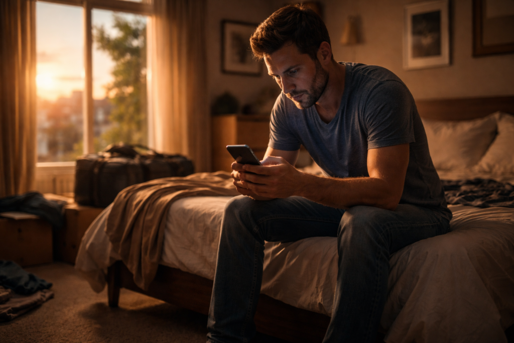 Man sitting on bed looking at phone worried about divorce cost Texas at sunset