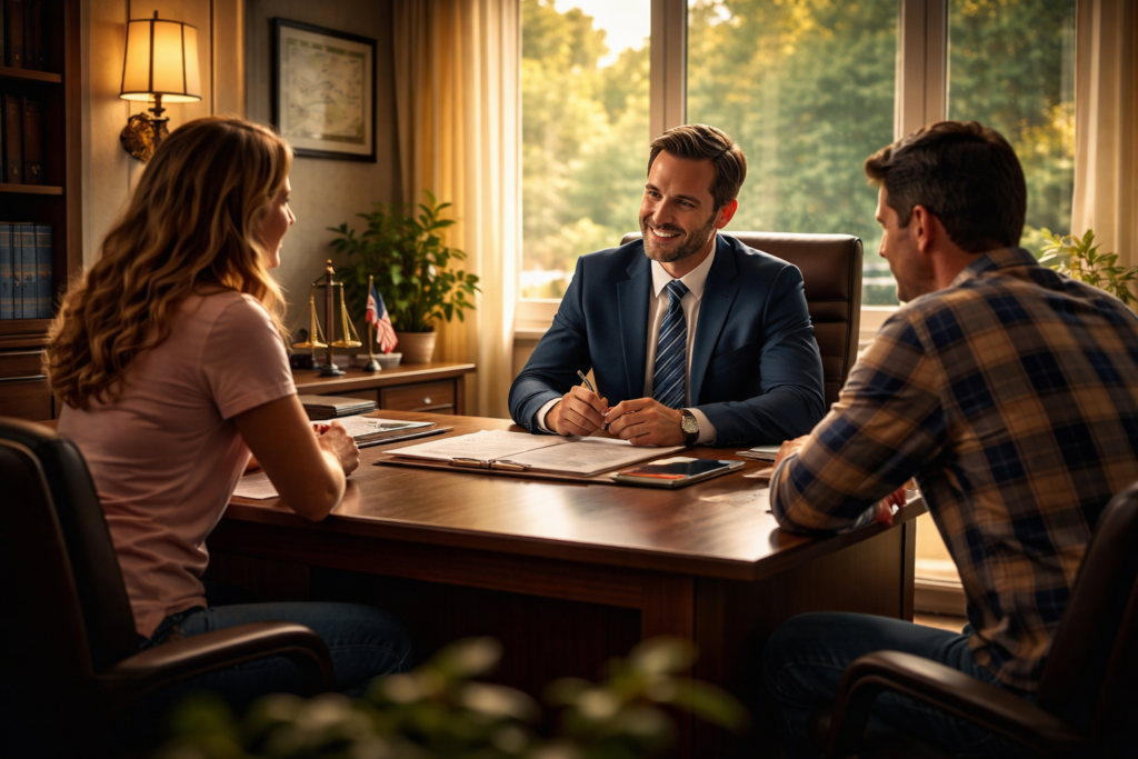 Wide-angle cinematic photo of a family law attorney meeting with a couple in a sunlit Conroe office, reviewing legal documents related to protective orders and custody matters.