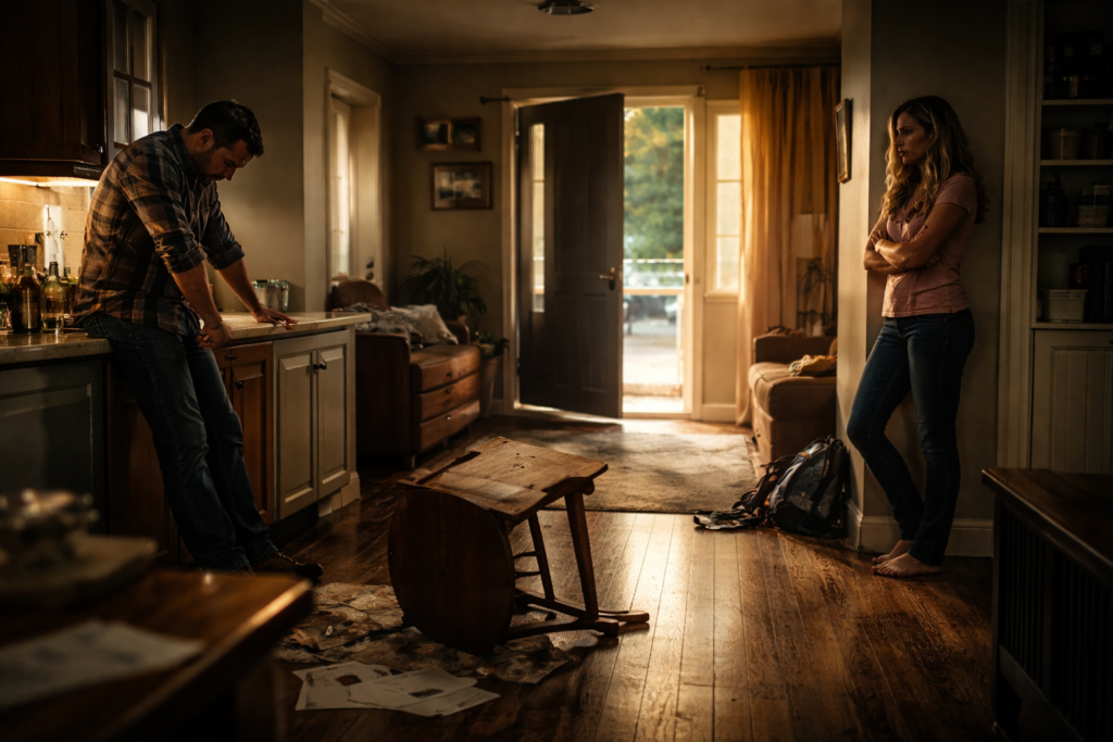 Wide-angle cinematic photo of two parents standing apart in a tense home after a domestic disturbance, front door open and chair overturned, representing family conflict and uncertainty in Conroe, Texas.