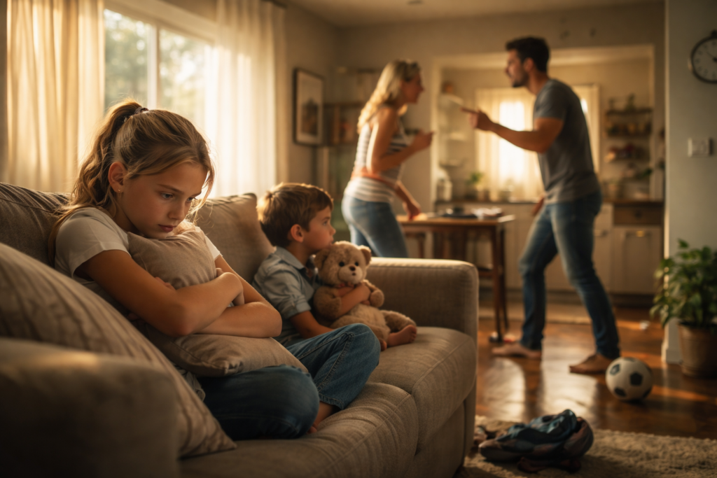 Family experiencing domestic conflict at home while children show emotional distress on couch in Richmond Texas