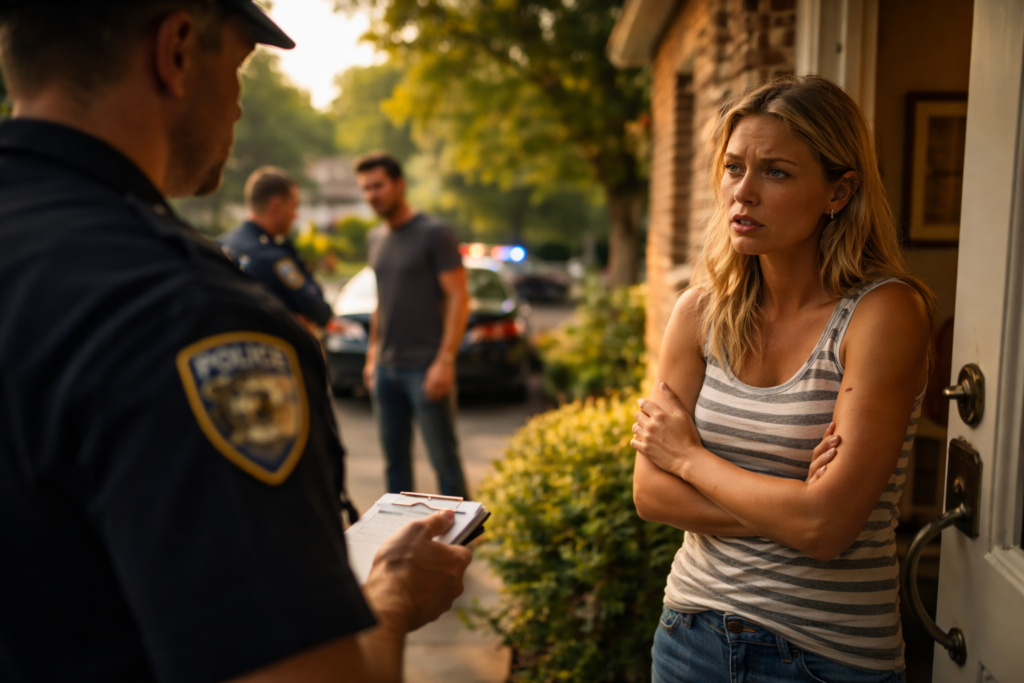Police officer speaking with distressed woman outside home while another officer detains man in background during domestic violence response in Richmond Texas