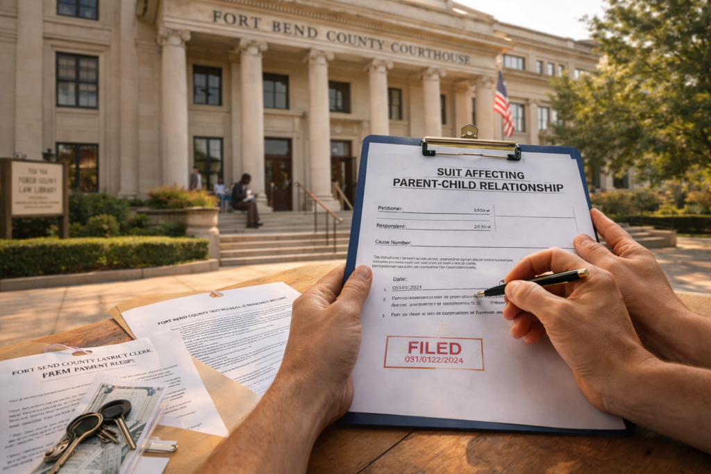 Person completing SAPCR child support paperwork outside Fort Bend County courthouse on a sunny day