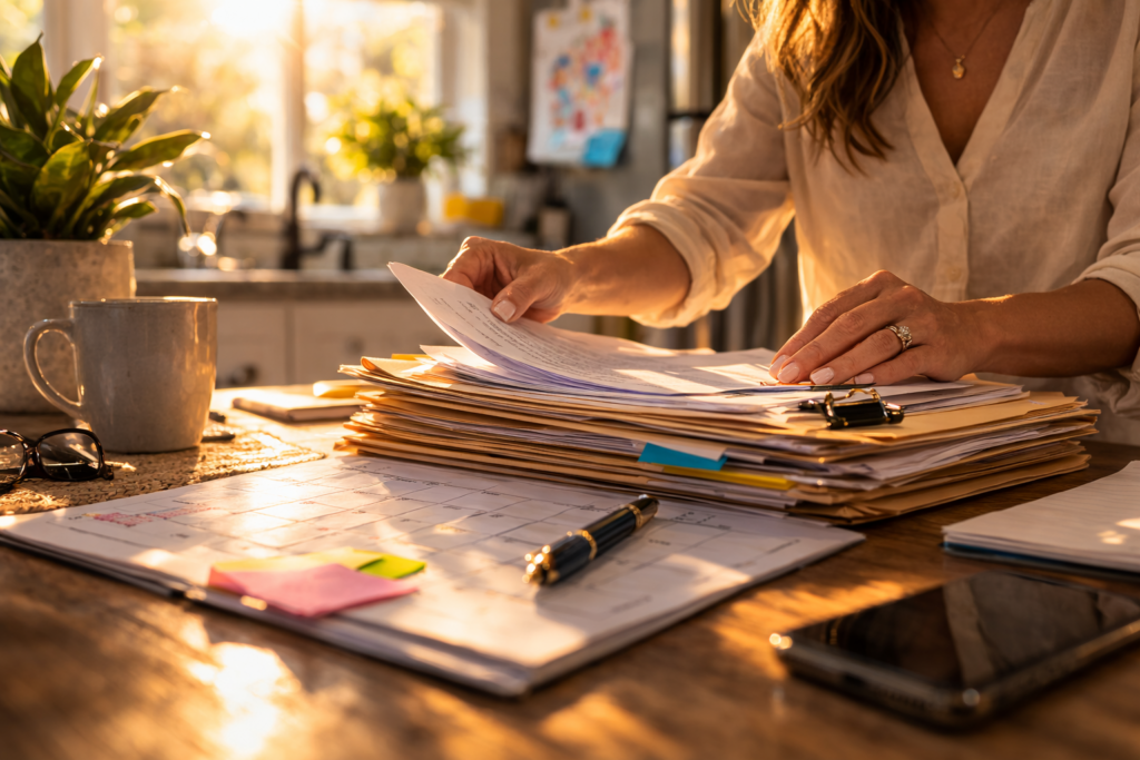 A person is organizing folders labeled 'Court Documents' on a kitchen table, accompanied by a calendar and pen, all bathed in warm lighting. This scene suggests preparation for a legal process related to family law, possibly concerning child custody arrangements or a divorce modification under Texas law.