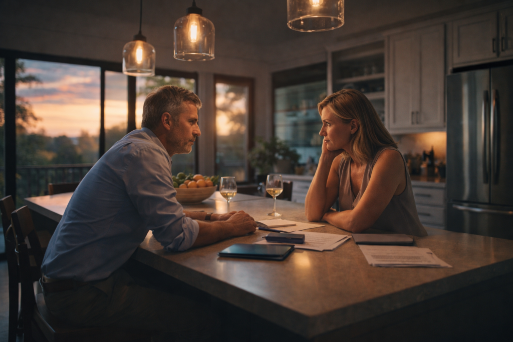 High Net Worth Divorce in Richmond Texas discussion between married couple reviewing financial documents at kitchen island