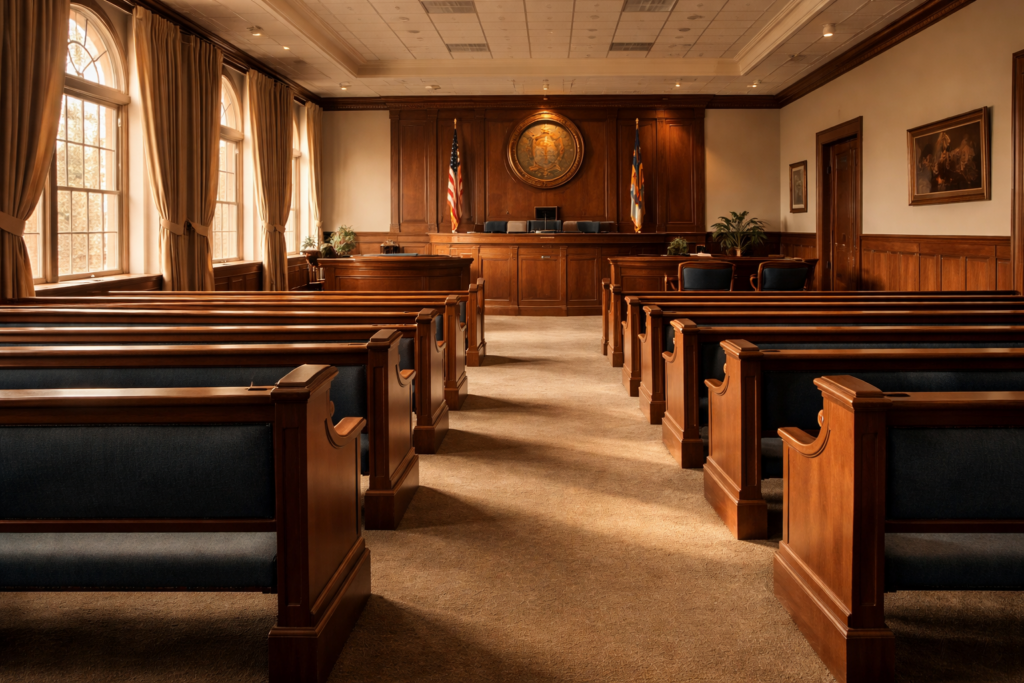 The image depicts a calm courtroom setting with empty benches and soft natural light streaming through the windows, creating a serene atmosphere suitable for family law matters, such as child custody cases. This tranquil environment reflects the serious nature of legal processes, where families gather to address concerns like custody agreements and child support.