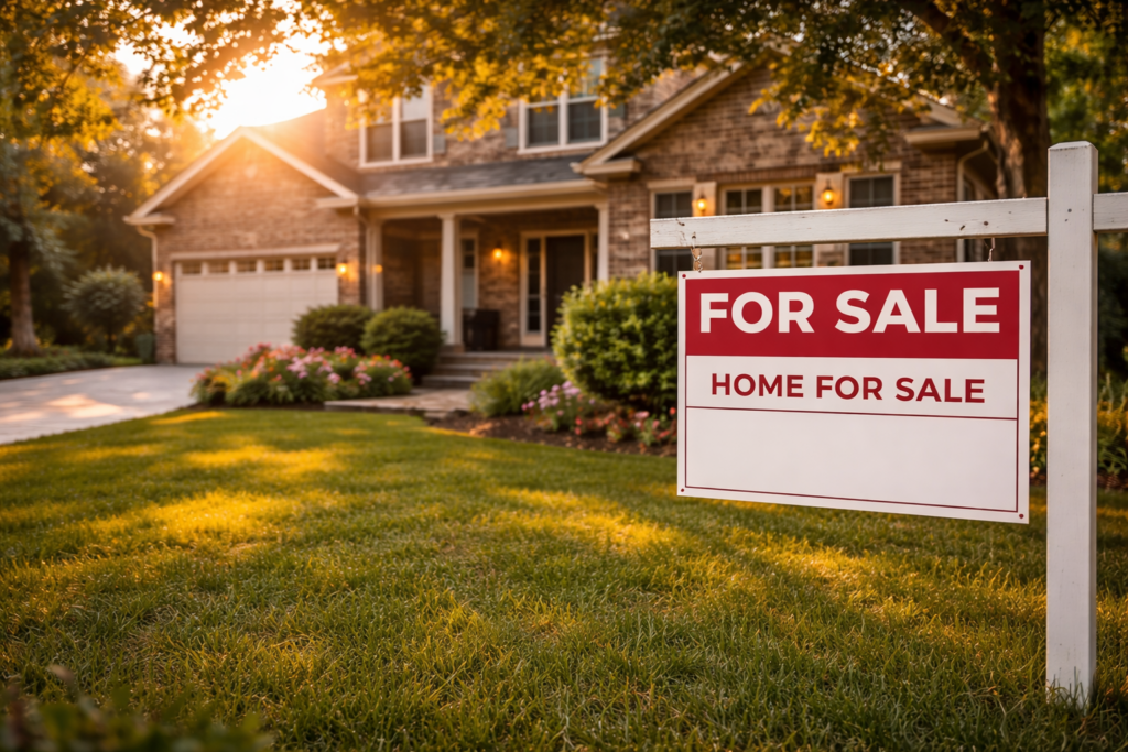 The image depicts a family home with a "for sale" sign in the front yard, symbolizing the real estate decisions often encountered during the divorce process. This scene highlights the importance of understanding marital property division, especially in a community property state like Texas, where assets and debts must be fairly divided to reach an equitable resolution.