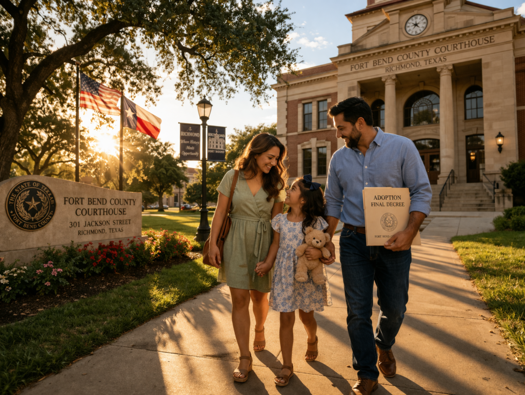 Family walking together outside Fort Bend County Courthouse at sunset celebrating adoption finalization in Richmond Texas
