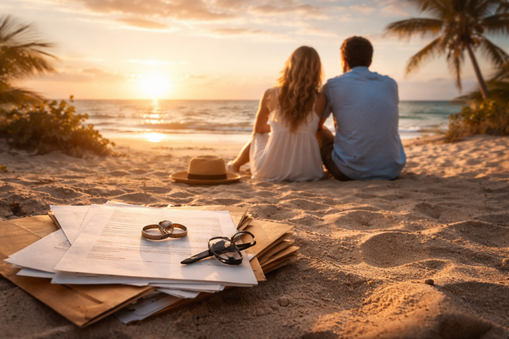 Wide-angle, cinematic beach scene at sunset showing a couple sitting side by side facing the ocean, with divorce papers, wedding rings, glasses, and keys in the foreground on the sand—symbolizing how time and prolonged divorce proceedings increase costs.