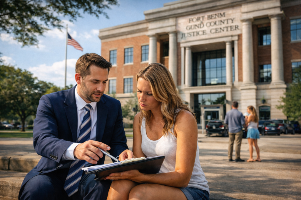 Wide-angle, photo-realistic summer scene outside the Fort Bend County Justice Center: an attorney in a suit sits with a mother on courthouse steps, reviewing documents and pointing at a folder while she listens attentively, reflecting guidance and support in a child custody case.