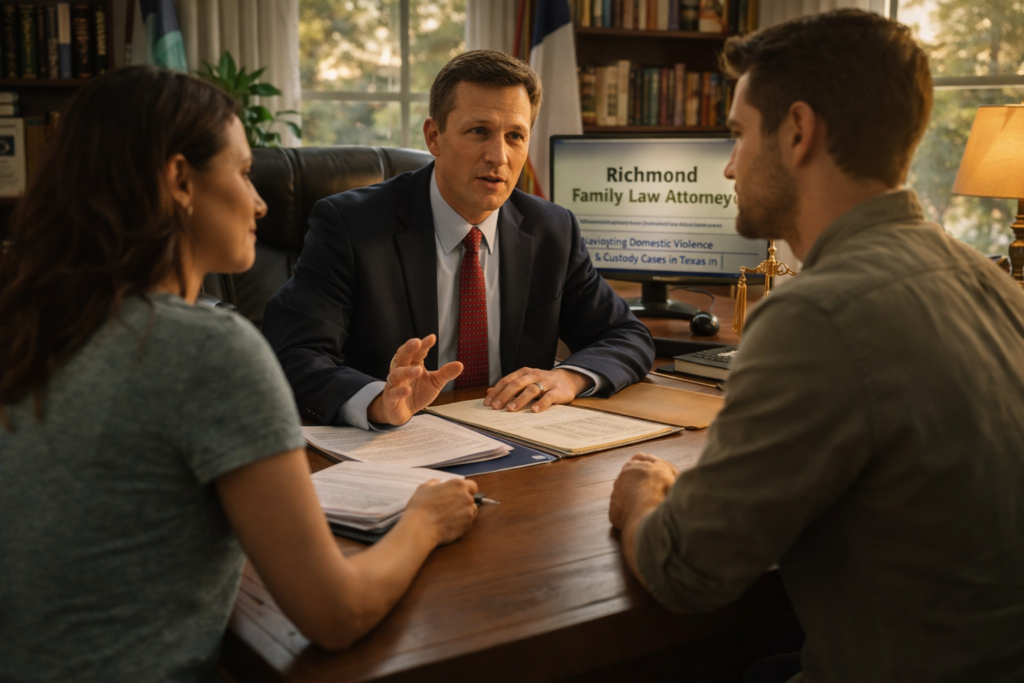 Family law attorney meeting with couple in office discussing domestic violence case and legal options in Richmond Texas