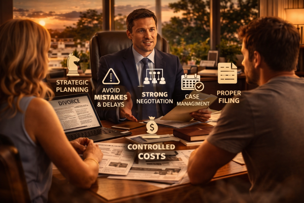 Texas divorce attorney meeting with couple explaining strategy to control divorce cost Texas and avoid costly mistakes