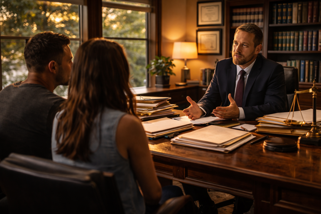 Wide-angle cinematic image of a Texas family law attorney meeting with a couple in a sunlit office, reviewing legal documents related to permanent managing conservatorship modification.