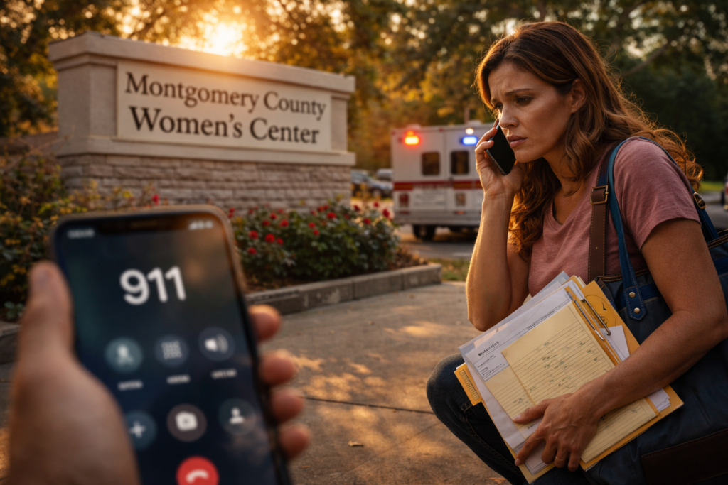 Wide-angle cinematic photo of a woman holding legal documents while speaking on her phone outside a Montgomery County support center at sunset, with emergency lights in the background, representing urgent safety planning and seeking legal protection.