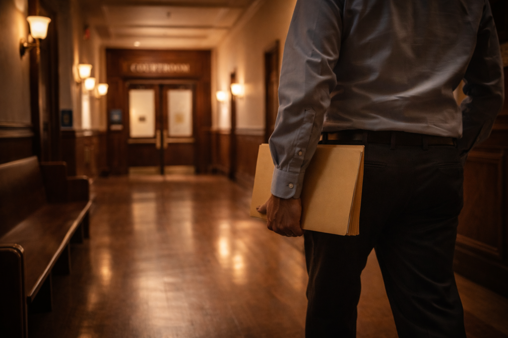 The image depicts a serene courtroom hallway illuminated by soft lighting, where a person is seen walking while holding a folder, suggesting they may be involved in a child protection suit. The scene conveys a sense of legal proceedings related to child safety, possibly concerning issues of abuse or neglect, without revealing identifiable faces.