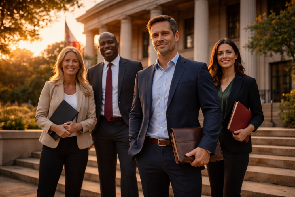 Wide-angle cinematic image of a diverse team of family law attorneys standing confidently outside a Texas courthouse at sunset, symbolizing experienced representation in CPS immediate danger cases.