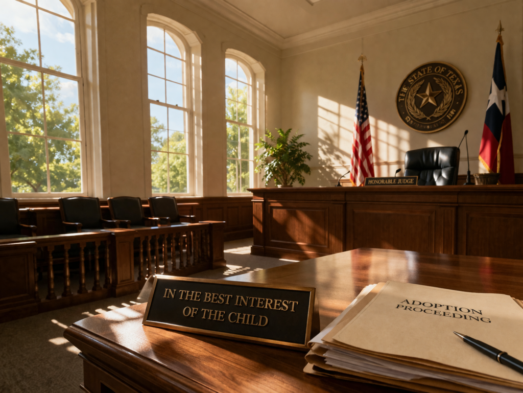 The image depicts a serene courtroom interior, illuminated by natural light filtering through large windows, symbolizing the legal proceedings that often involve family adoptions and foster care. This setting represents a space where adoptive families can create safe and loving homes for children in need.