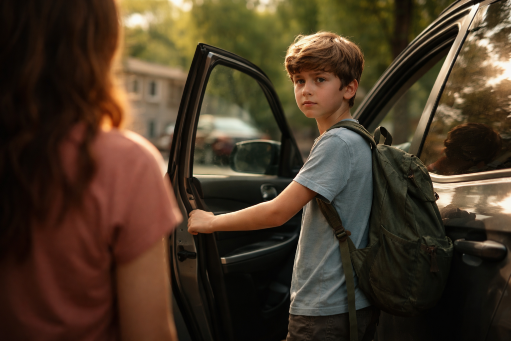 Child hesitating at car during custody exchange in Parental Alienation in Conroe Texas case