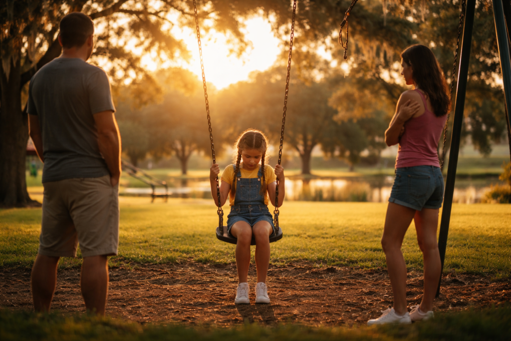 Wide-angle, photo-realistic image of a young girl sitting alone on a swing in a sunlit park at golden hour, her head lowered as she holds the chains. In the background, a man and a woman stand several feet apart on either side of her, turned slightly away from each other. Warm summer light filters through large oak trees and reflects off a small pond, creating a cinematic, emotional atmosphere.
