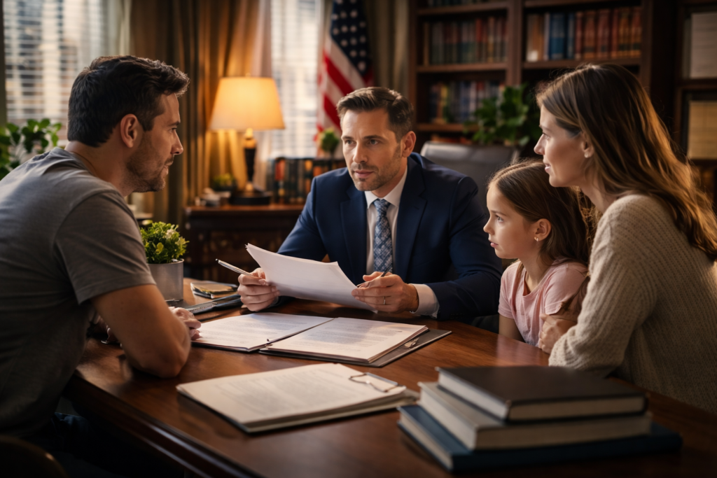 The image depicts a family meeting with an attorney in a professional office setting, where the attorney is providing legal guidance on matters related to child protective services and parental rights. The atmosphere is serious, reflecting discussions about the child's safety and potential court hearings regarding the family's situation.