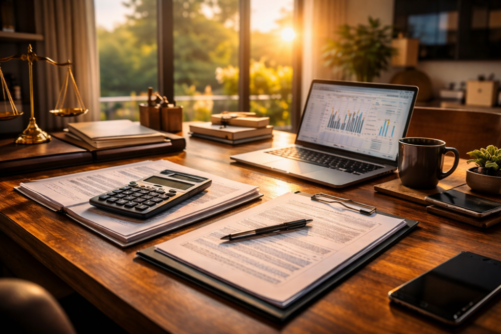Wide-angle photo of a professional office desk with financial documents, calculator, and laptop showing spreadsheets in warm summer sunlight, symbolizing organized property division planning in a Texas divorce.