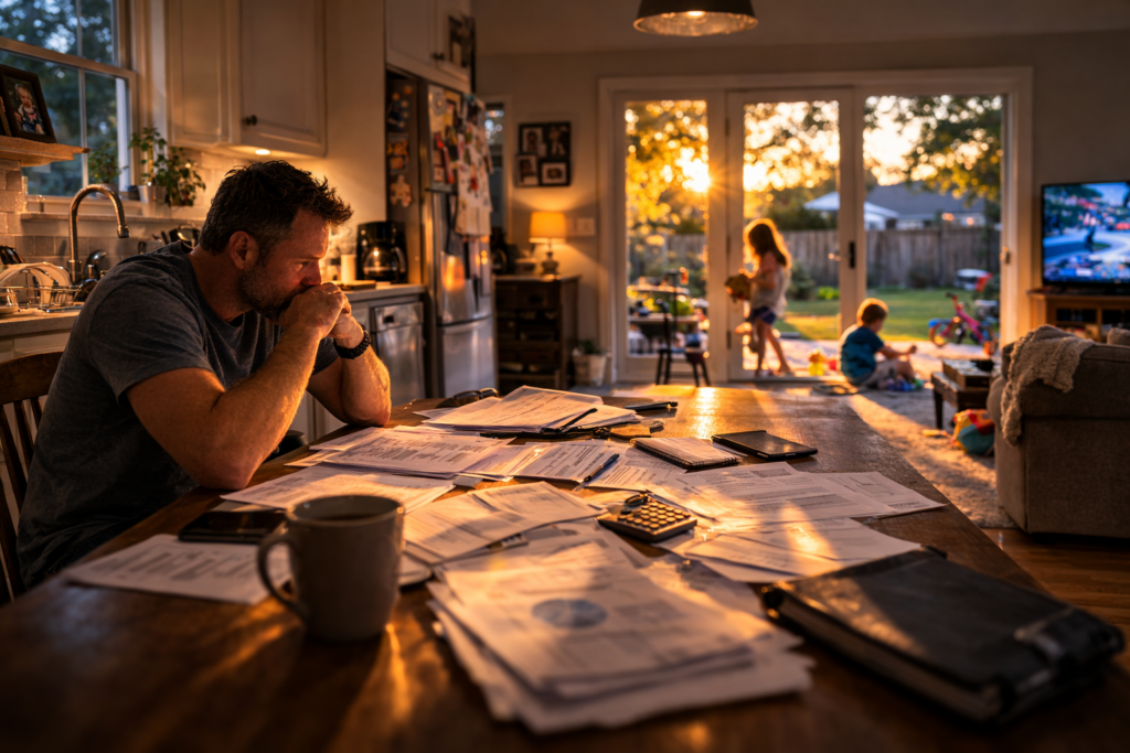 Father sitting at kitchen table reviewing bills and mortgage paperwork at sunset during divorce in Conroe Texas