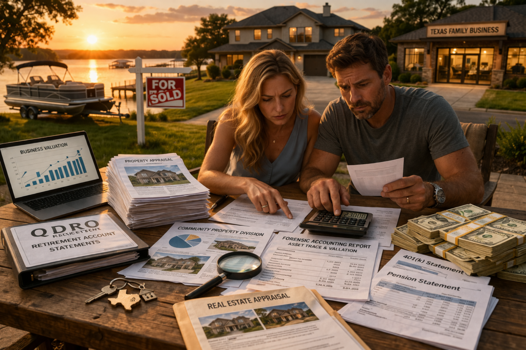 Couple reviewing property division documents, business valuation, and real estate assets during divorce cost Texas financial planning