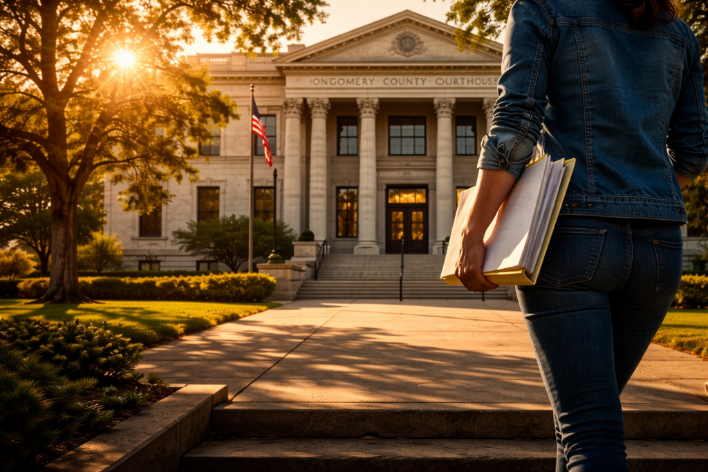 The image depicts a serene courthouse exterior bathed in golden hour light, with a person walking towards the entrance while holding important documents, possibly related to a domestic violence case. This scene reflects the legal journey individuals may face in Montgomery County, Texas, as they seek justice and legal representation.