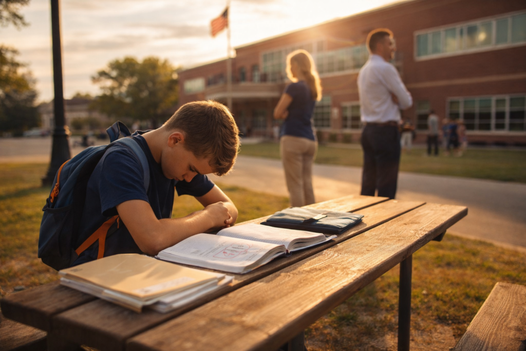 Child struggling with schoolwork while parents stand apart during divorce in Richmond Texas