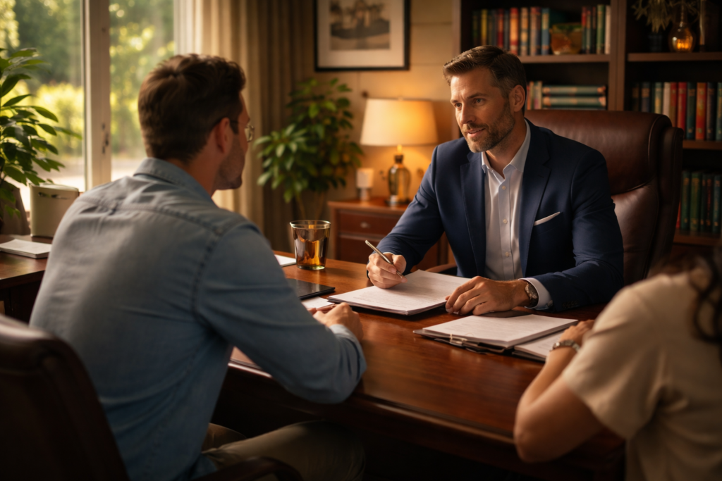 Richmond Texas divorce attorney meeting with a couple in a law office consultation about property division, child custody, and divorce strategy