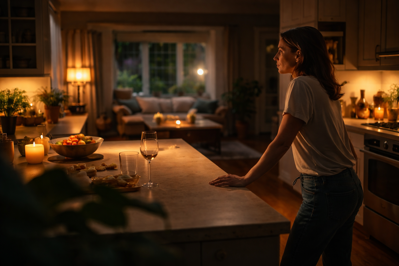 Woman standing thoughtfully in a kitchen at night reflecting on life changes and considering contacting a Richmond Texas Divorce Attorney