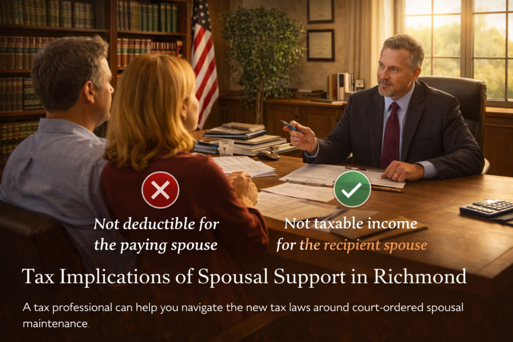 Wide-angle image of a couple meeting with a tax professional in an office, discussing tax implications of spousal support in Richmond Texas after divorce