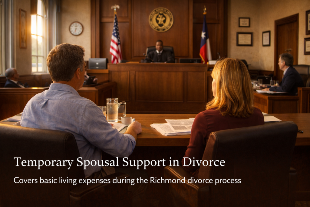 Wide-angle courtroom scene showing a couple during a divorce hearing in Richmond Texas, illustrating temporary spousal support proceedings and financial decisions