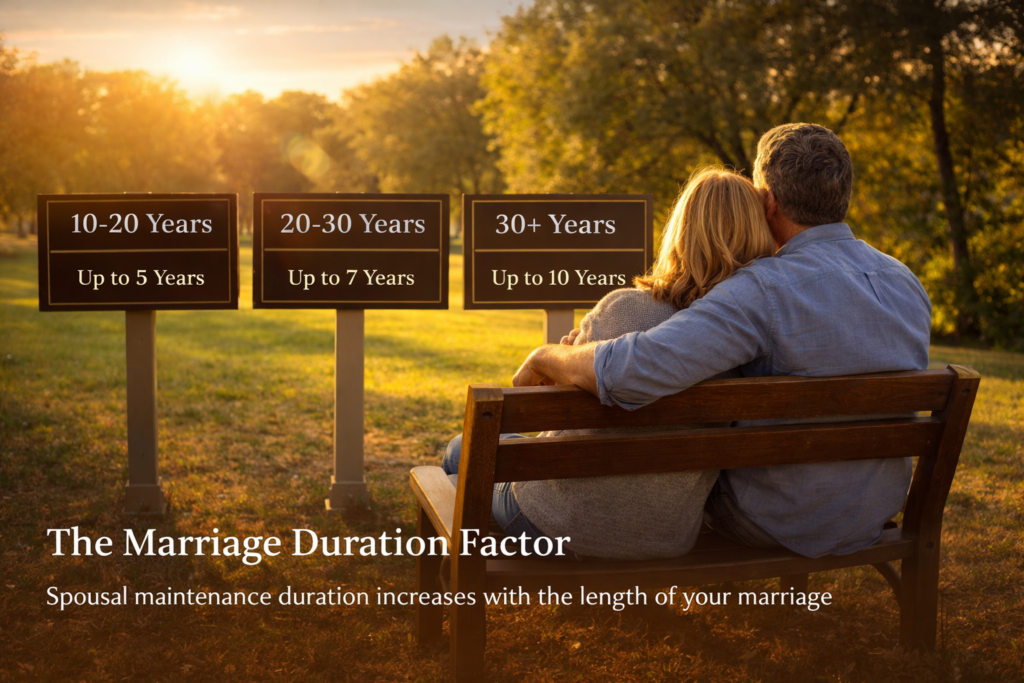 Wide-angle image of a couple sitting on a park bench at sunset, symbolizing marriage duration and how length of marriage affects spousal maintenance in Texas