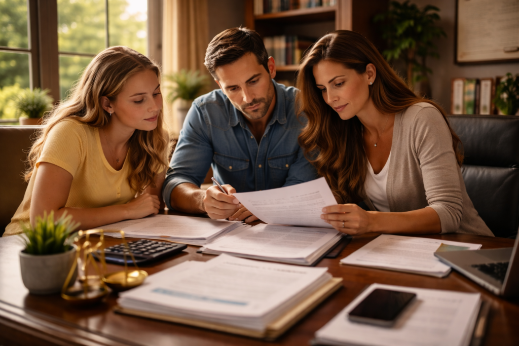 A family is gathered around a home office desk, attentively reviewing financial documents together, likely discussing important family law matters such as child support and spousal maintenance. The atmosphere suggests a collaborative effort to navigate their financial situation, possibly in the context of a divorce process or custody agreements in Conroe, Texas.
