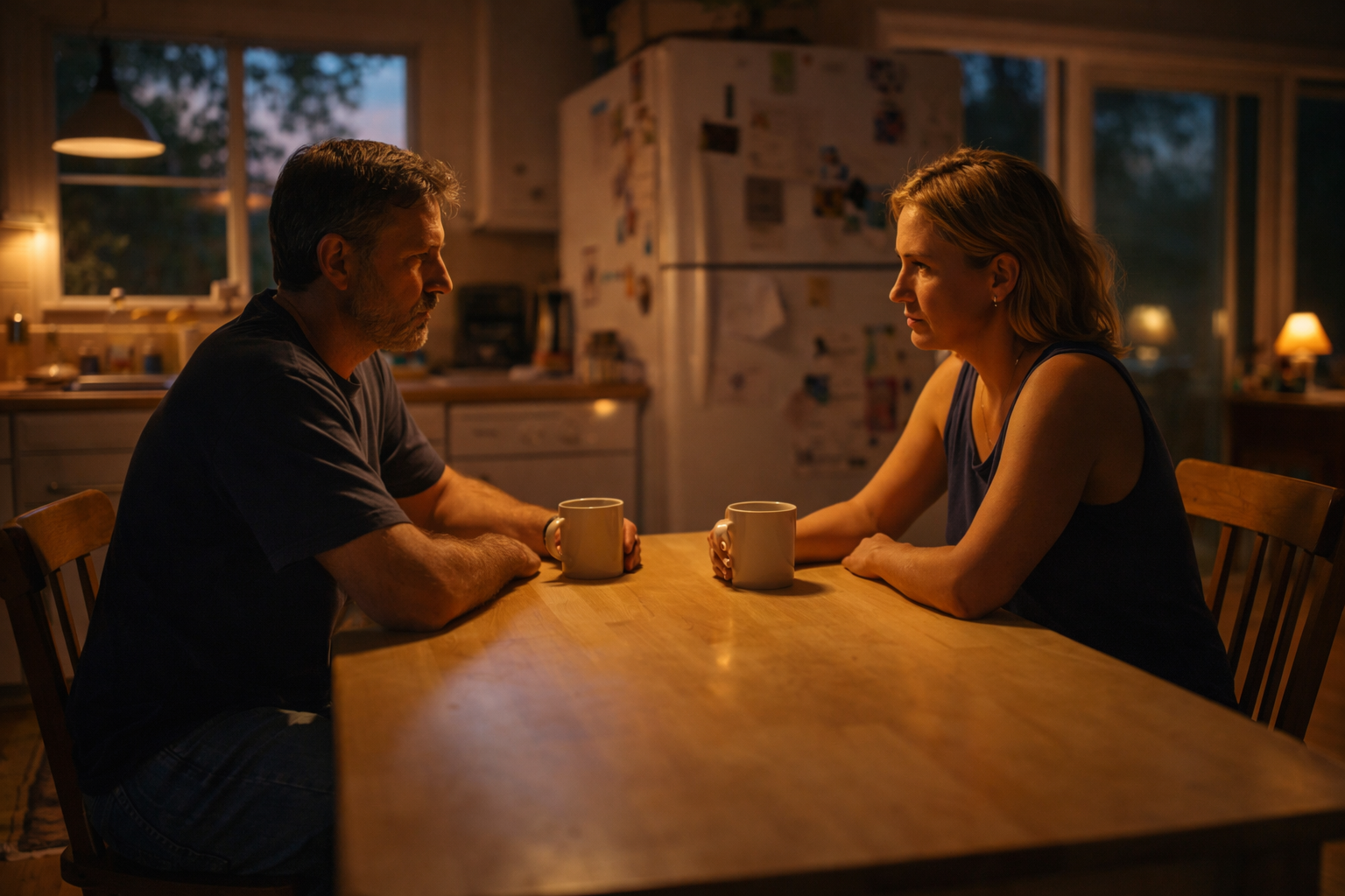 Couple sitting at a kitchen table in the evening discussing an uncontested divorce in Richmond Texas