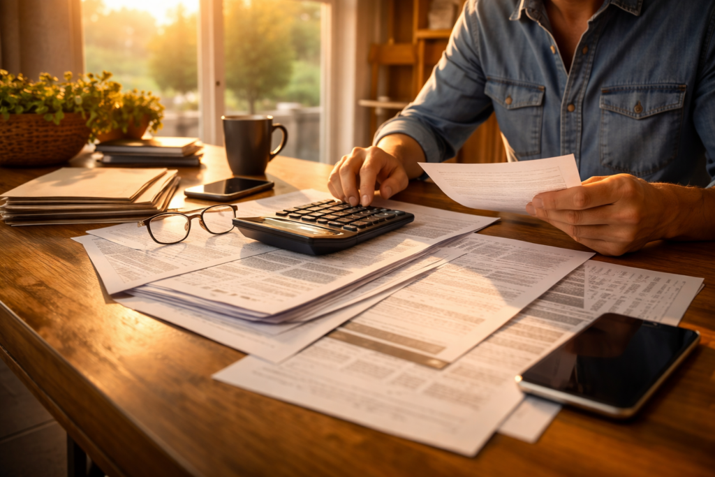 A person is sitting at a kitchen table, reviewing financial documents with a calculator and various papers spread out. This scene illustrates the complexities of financial support during divorce proceedings, highlighting the importance of understanding spousal maintenance and the legal considerations involved in family law matters.
