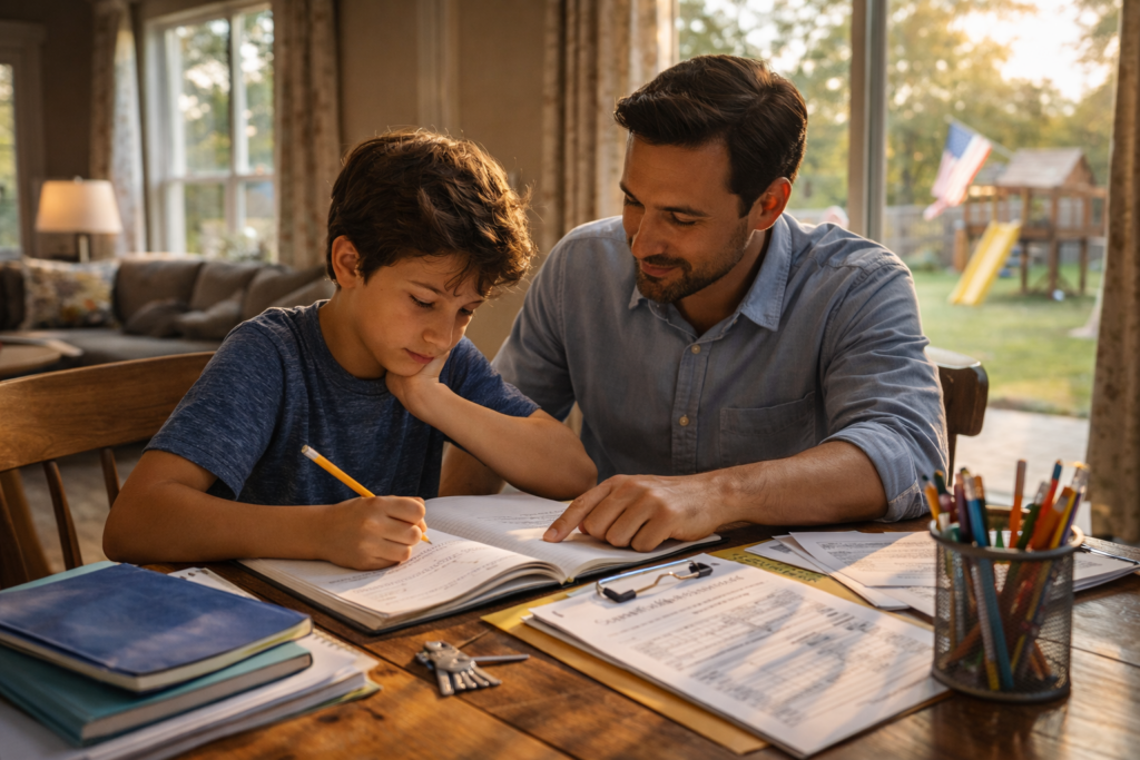 In a calm home setting, a parent is attentively helping their child with homework, fostering a supportive and educational atmosphere. This family-focused scene highlights the importance of parental involvement in a child's education, which can be a crucial aspect of financial support and well-being.