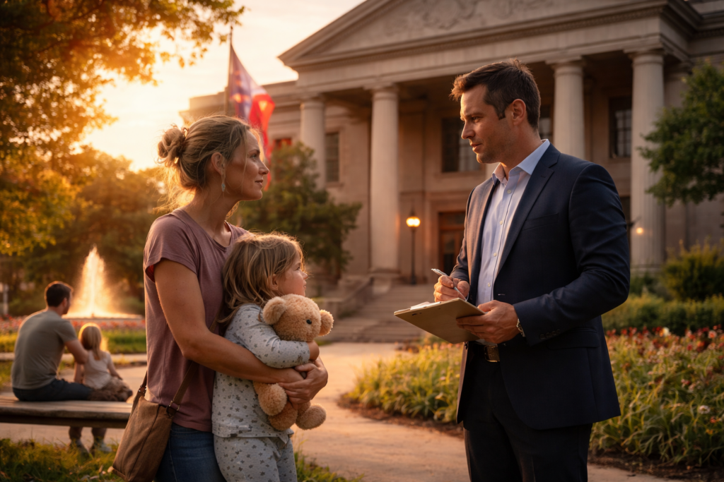 Wide-angle cinematic photo of a mother holding her young daughter and speaking with a professional outside a Texas courthouse at sunset, symbolizing a CPS hearing about immediate danger.