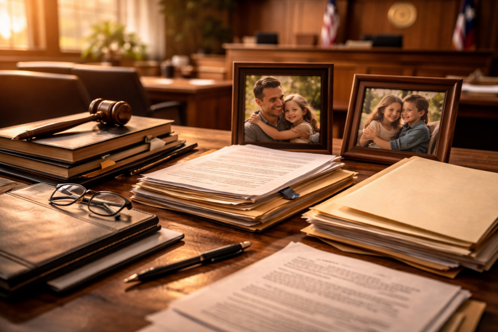 The image shows a cluttered desk with a stack of legal documents alongside family photographs, symbolizing the evidence needed for court cases involving permanent managing conservatorship and parental rights. These documents may relate to the legal process of seeking managing conservatorship or regaining custody, emphasizing the importance of clear and convincing evidence in Texas family law.