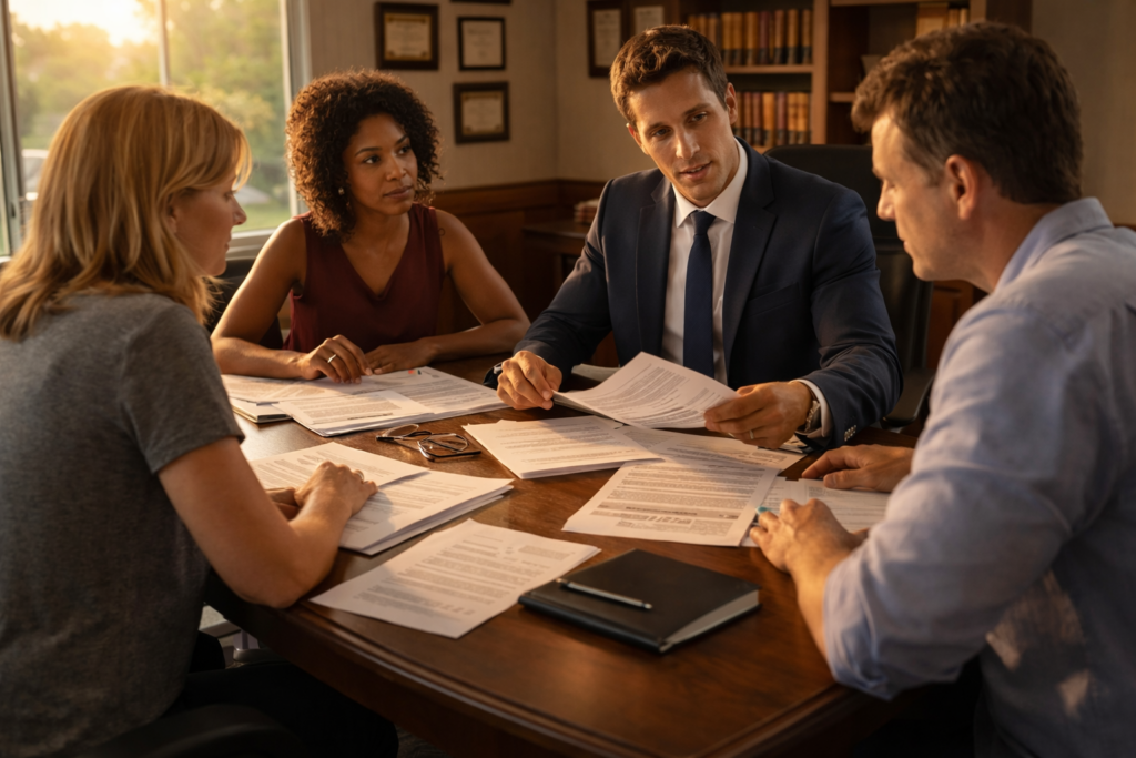 In a professional office setting, a group of individuals is engaged in a meeting, discussing various documents related to family law matters, including spousal support and divorce proceedings. The atmosphere is focused and collaborative, as they navigate the complexities of financial support and legal processes.