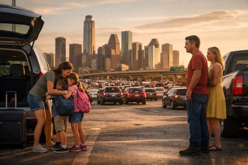 Parents exchanging children in Houston traffic at sunset illustrating life changes after divorce modification in Texas