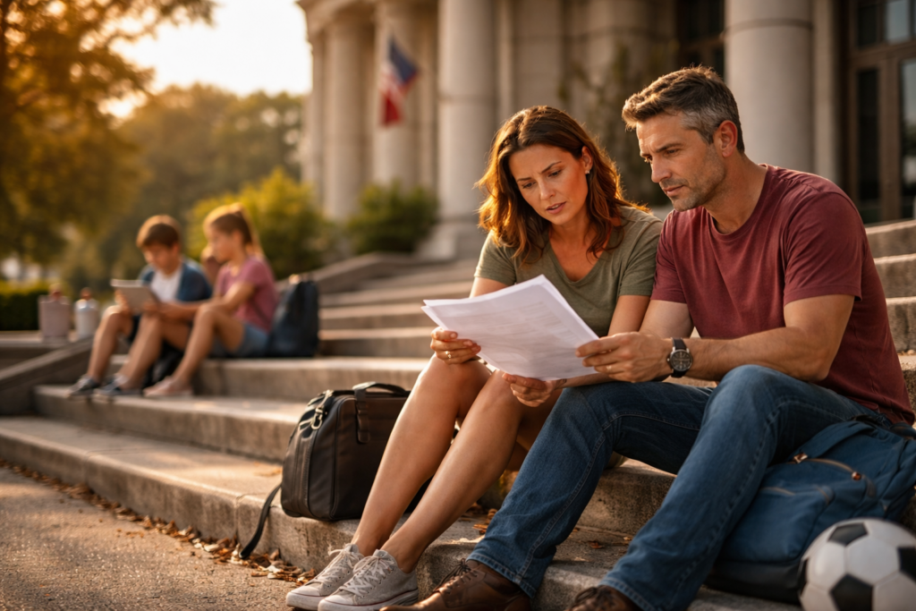 Divorced parents reviewing legal documents on courthouse steps in Texas at sunset while their children sit nearby, symbolizing divorce modification proceedings and updated custody orders