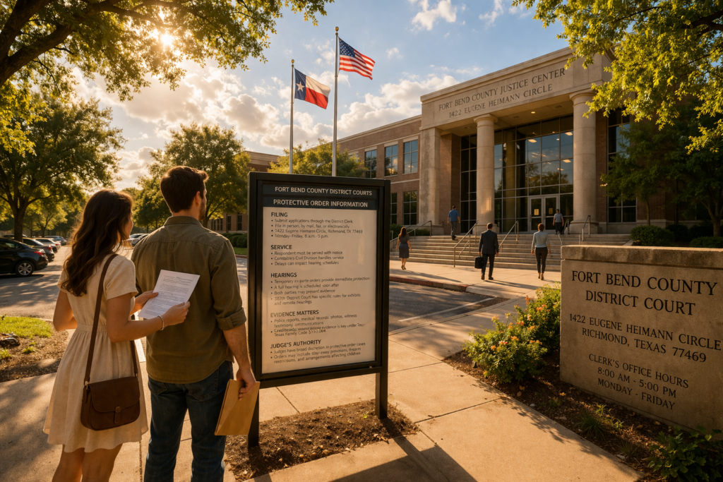 Wide-angle view of Fort Bend County District Courts building in Richmond Texas with people walking toward entrance on a sunny day