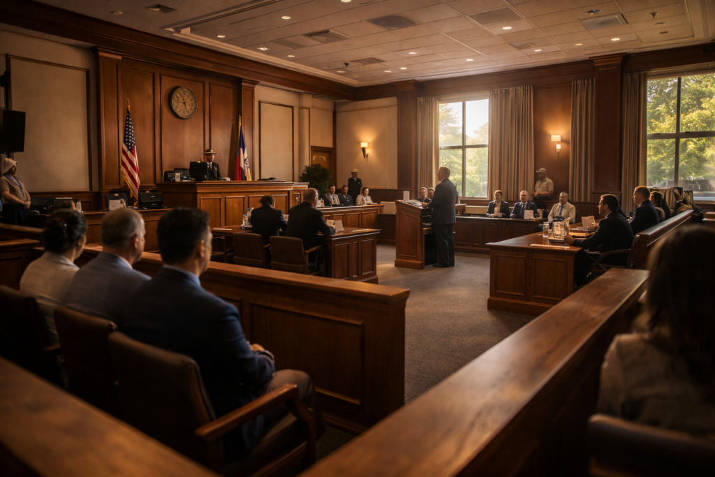 Wide-angle photo of a Montgomery County courtroom during a contested divorce hearing, with attorneys presenting arguments before a judge in a wood-paneled courtroom filled with warm summer light.