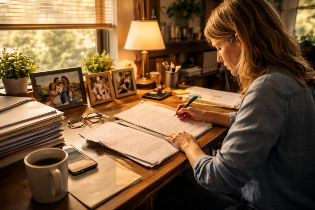 A caseworker is seated at a desk, reviewing important documents related to child protective services, with family photographs displayed in the background. The scene captures the seriousness of the work involved in ensuring a child's safety and well-being amidst issues of parental rights and potential abuse or neglect.