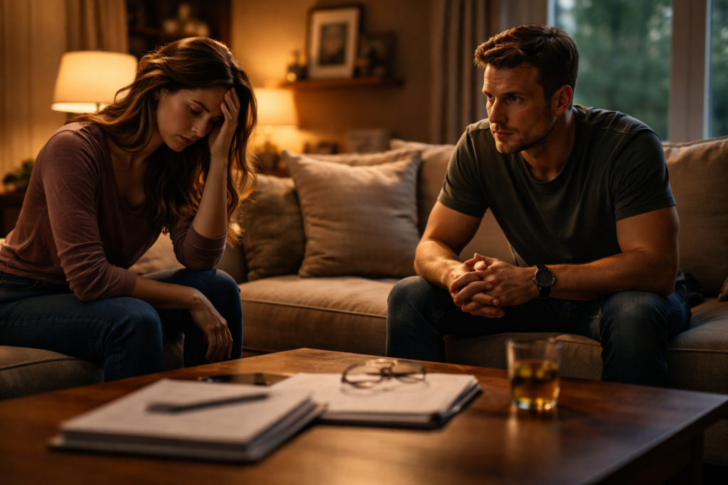 Couple sitting in tense silence during difficult divorce situation, highlighting when collaborative divorce may not be appropriate due to conflict or imbalance