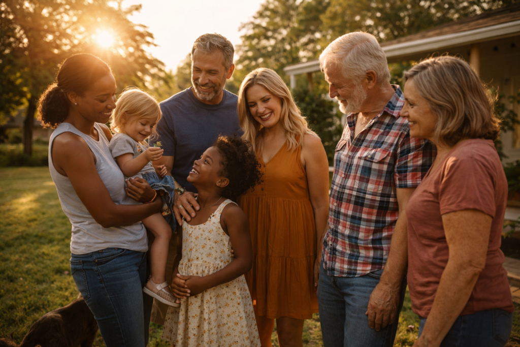 Multi-generational family smiling together outside a home in warm summer sunlight, representing diverse adoptive family support and stability